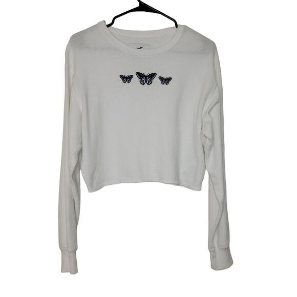 Hollister Size S White Embroidered Butterfly Crew Neckline Cropped Sweatshirt - Picture 1 of 7